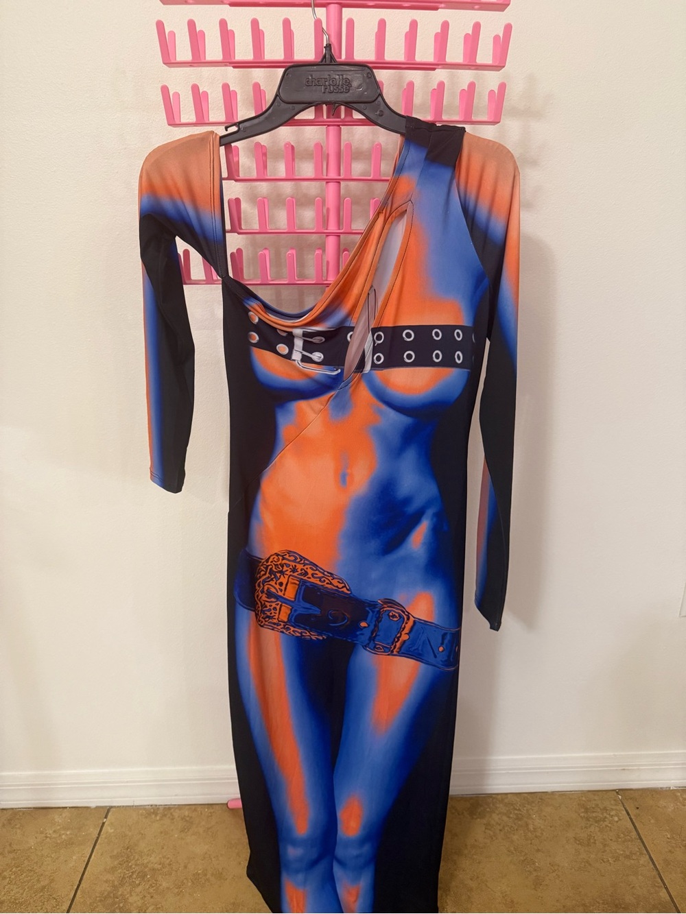 Fashion Nova Orange & Blue Long Sleeve Cutout Bodycon Dress